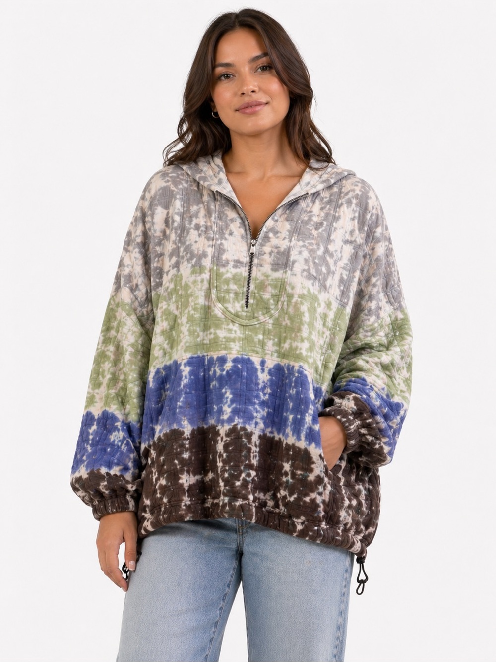 Pilcro Tie-Dye Hooded Pullover in Green, Blue & Cream